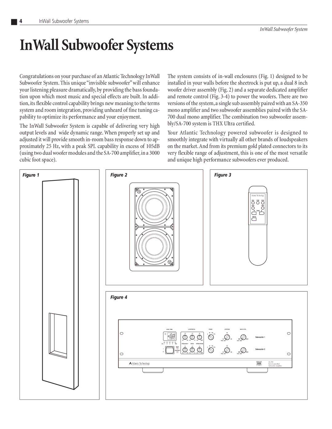 Atlantic Technology SA-350 Mono, SA-350, SA-700 instruction manual InWall Subwoofer Systems 