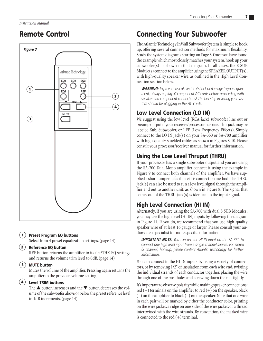 Atlantic Technology SA-350, SA-700, SA-350 Mono Remote Control, Connecting Your Subwoofer, Low Level Connection LO 