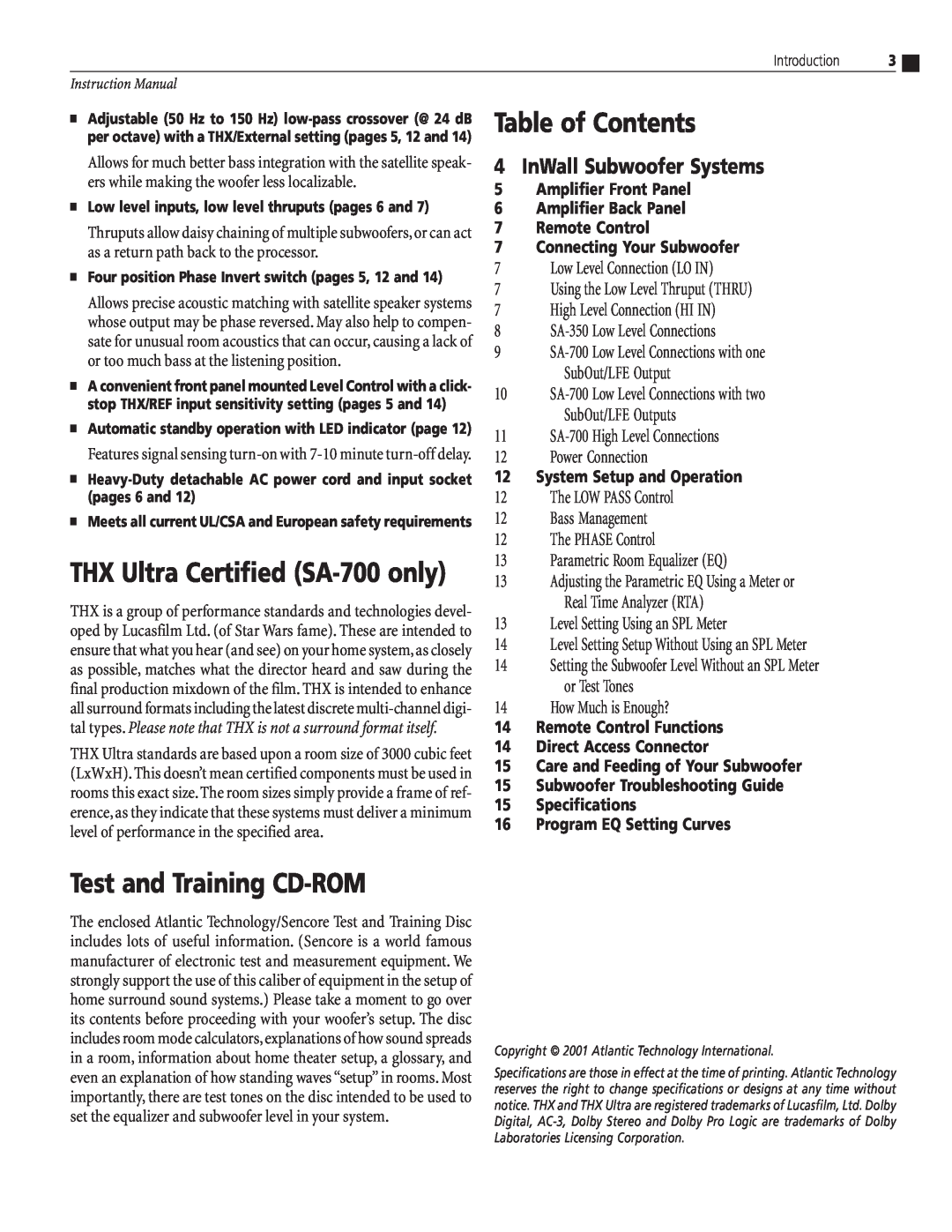 Atlantic Technology SA-350, SA-700, SA-350 Mono Table of Contents, Test and Training CD-ROM, 4InWall Subwoofer Systems 