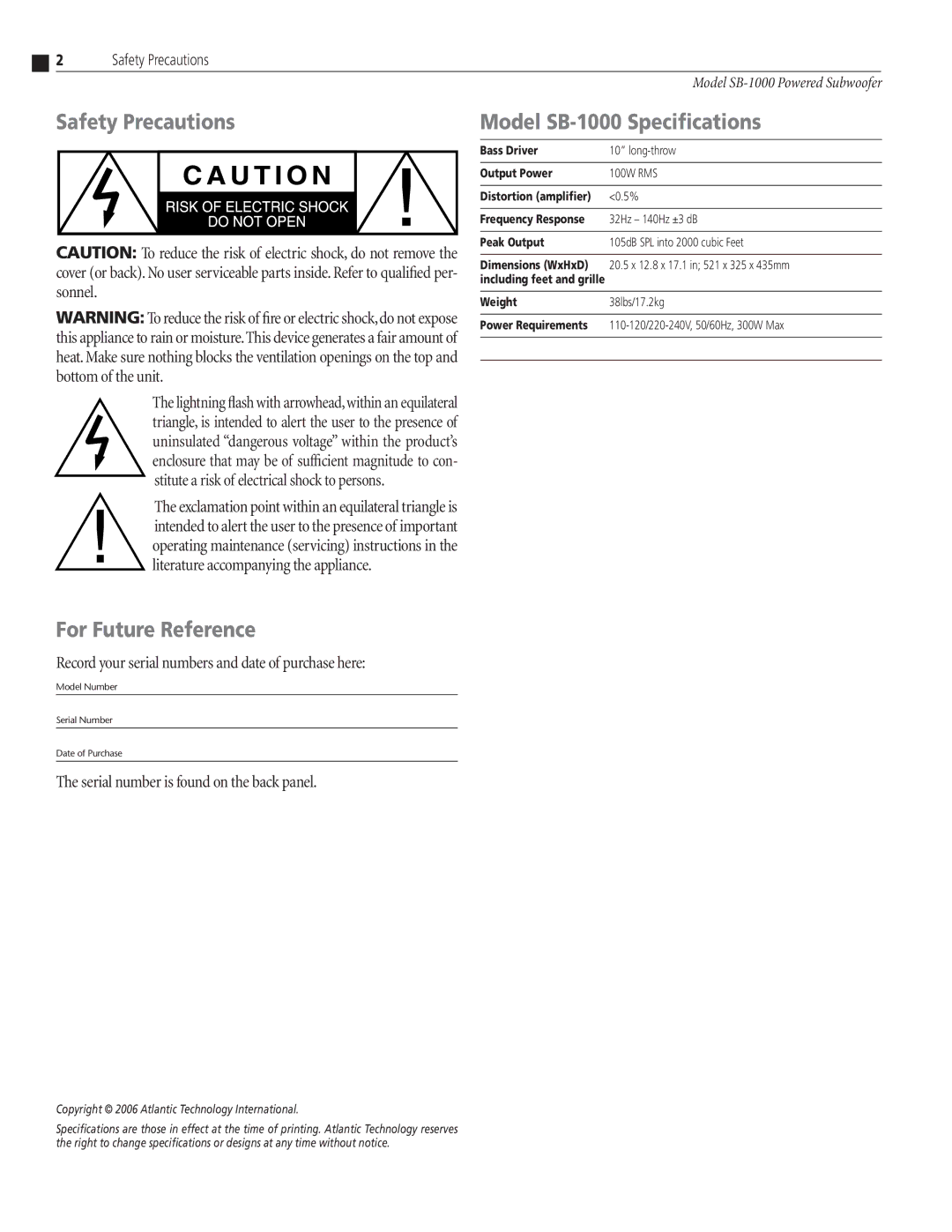 Atlantic Technology instruction manual Safety Precautions, Model SB-1000 Specifications, For Future Reference 