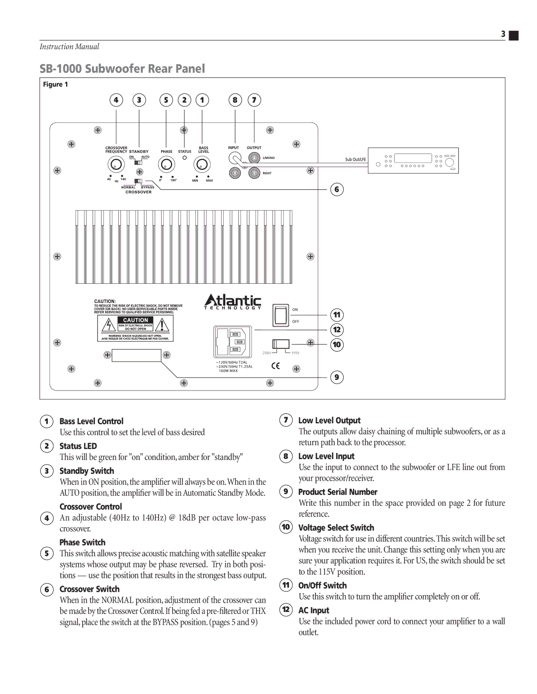 Atlantic Technology instruction manual SB-1000 Subwoofer Rear Panel, Use this control to set the level of bass desired 