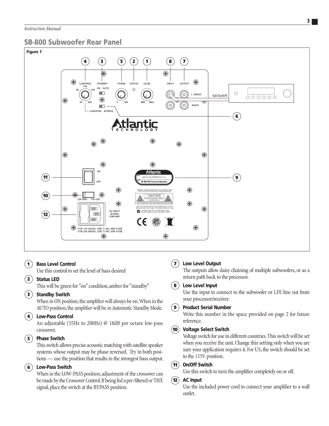 Atlantic Technology instruction manual SB-800 Subwoofer Rear Panel, Use this control to set the level of bass desired 