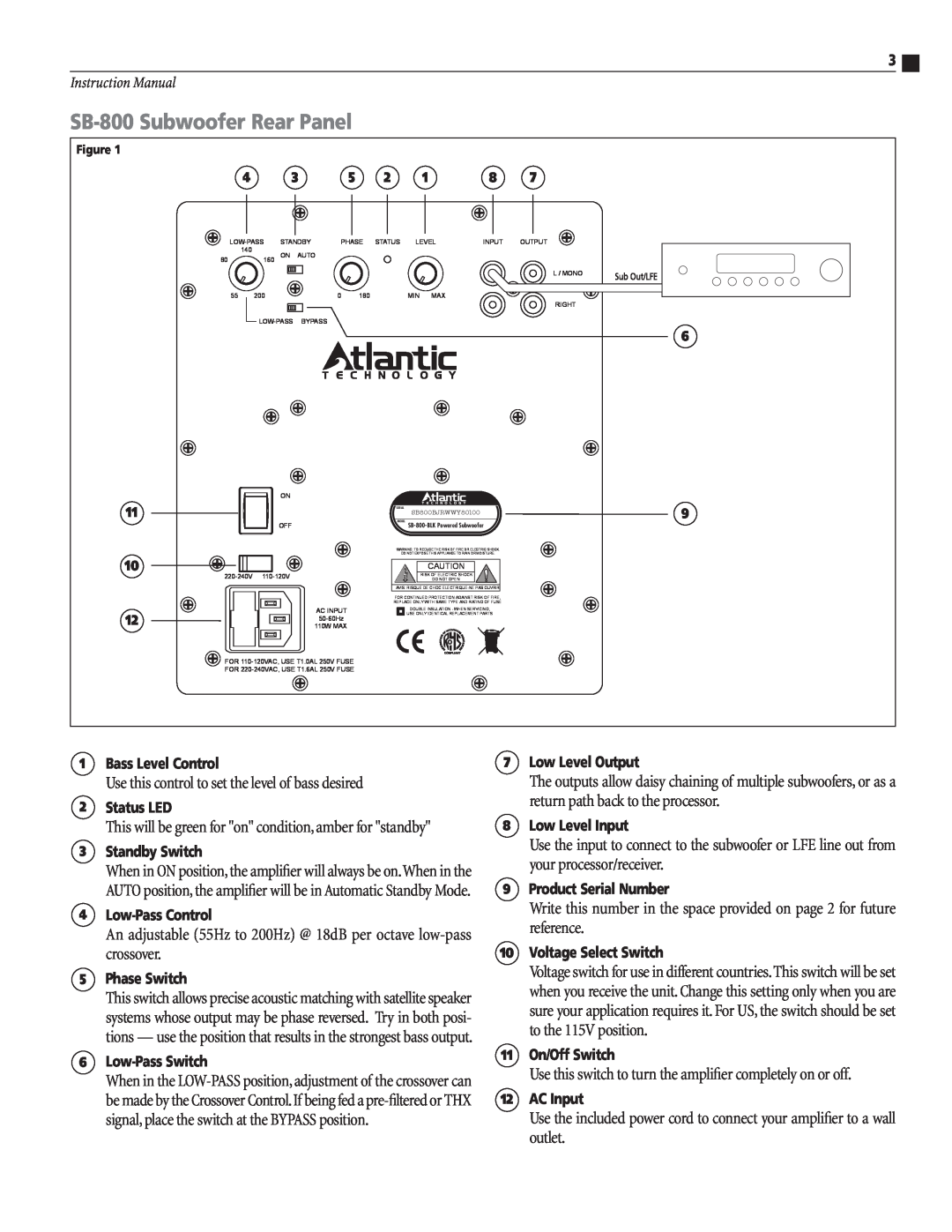 Atlantic Technology instruction manual SB-800Subwoofer Rear Panel 