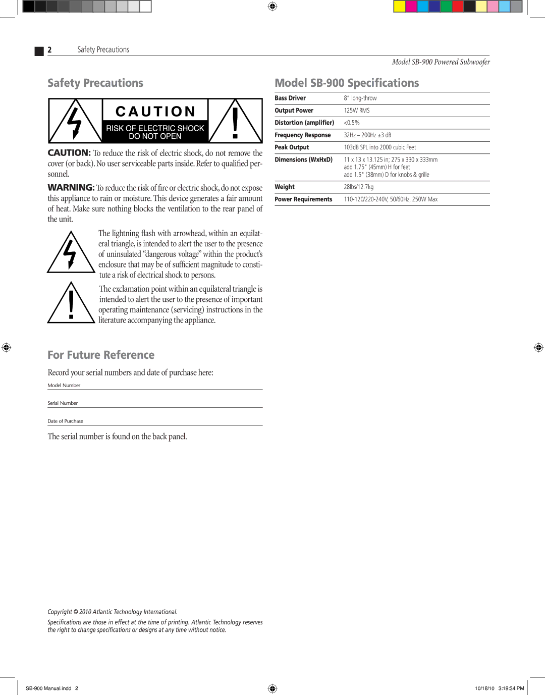 Atlantic Technology instruction manual Safety Precautions, Model SB-900 Specifications, For Future Reference 