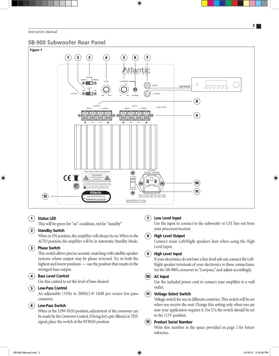 Atlantic Technology instruction manual SB-900 Subwoofer Rear Panel, Use this control to set the level of bass desired 