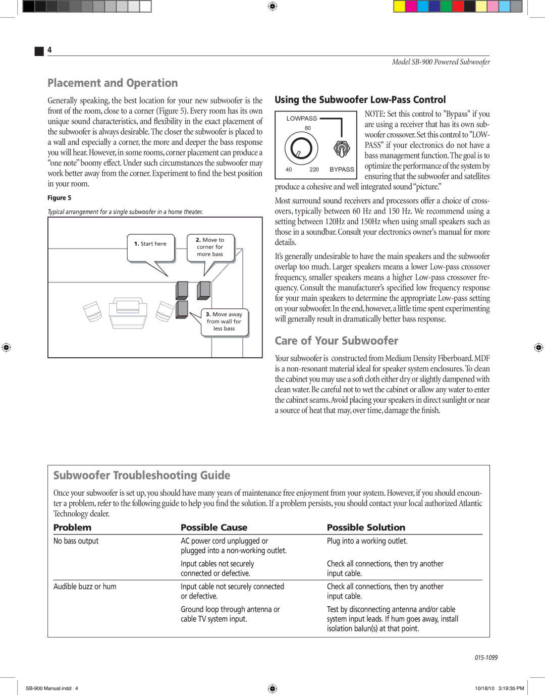 Atlantic Technology SB-900 Placement and Operation, Care of Your Subwoofer, Subwoofer Troubleshooting Guide 