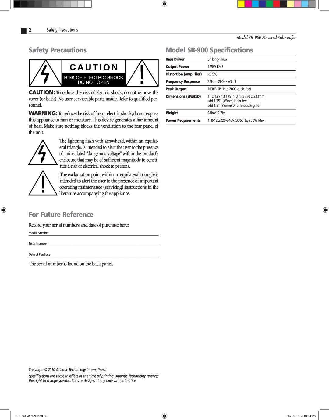 Atlantic Technology instruction manual Safety Precautions, Model SB-900Specifications, For Future Reference 