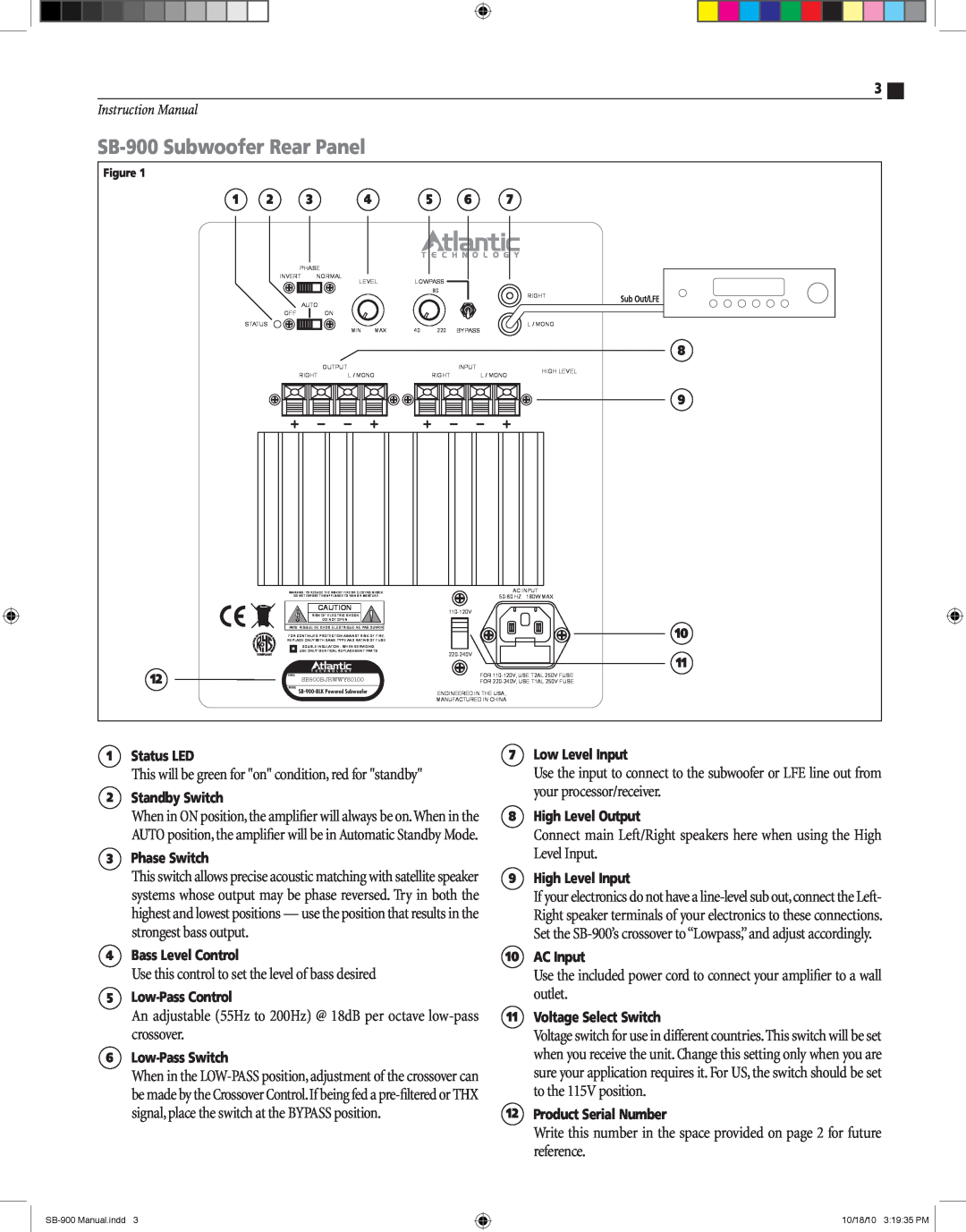 Atlantic Technology instruction manual SB-900Subwoofer Rear Panel, your processor/receiver 