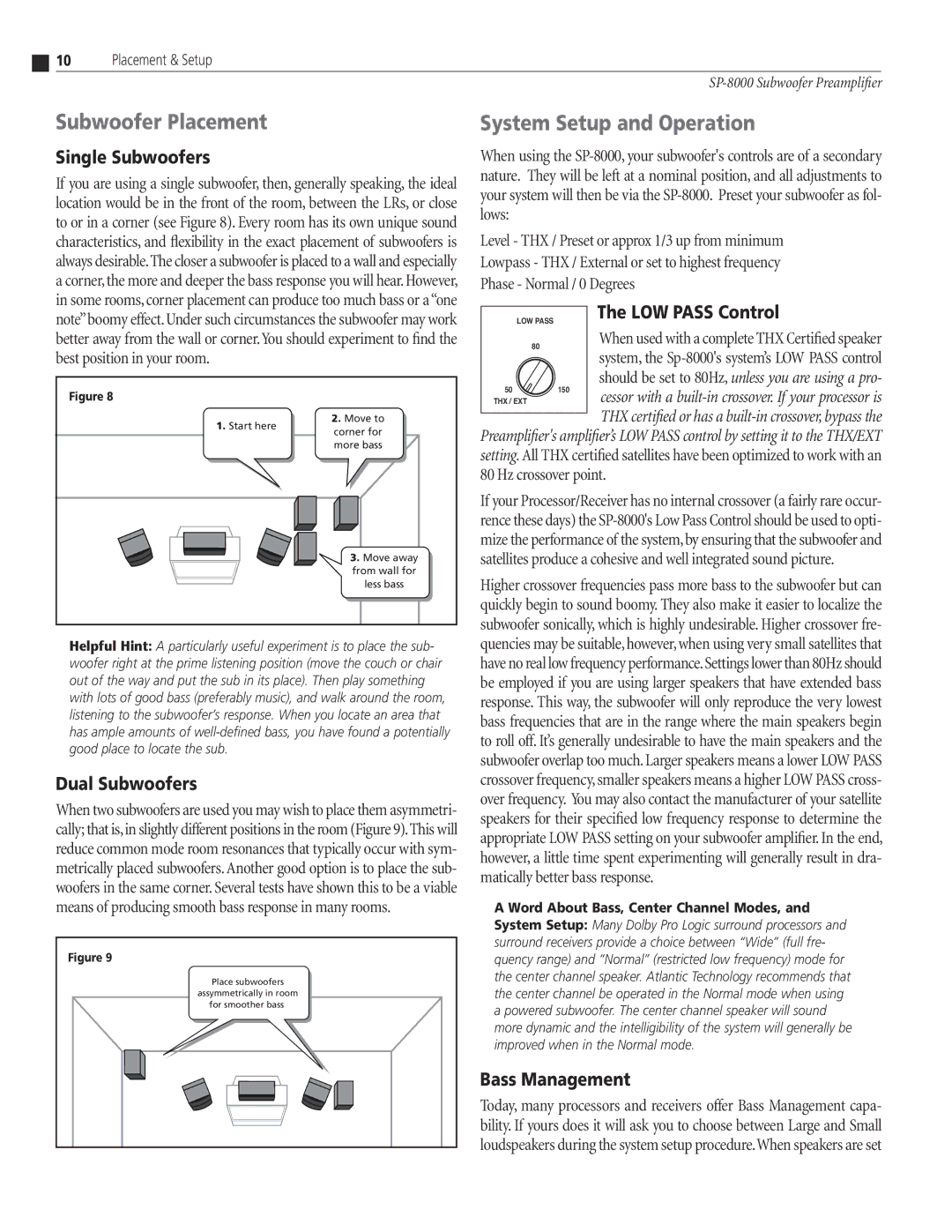 Atlantic Technology SP-8000 instruction manual Subwoofer Placement, System Setup and Operation 