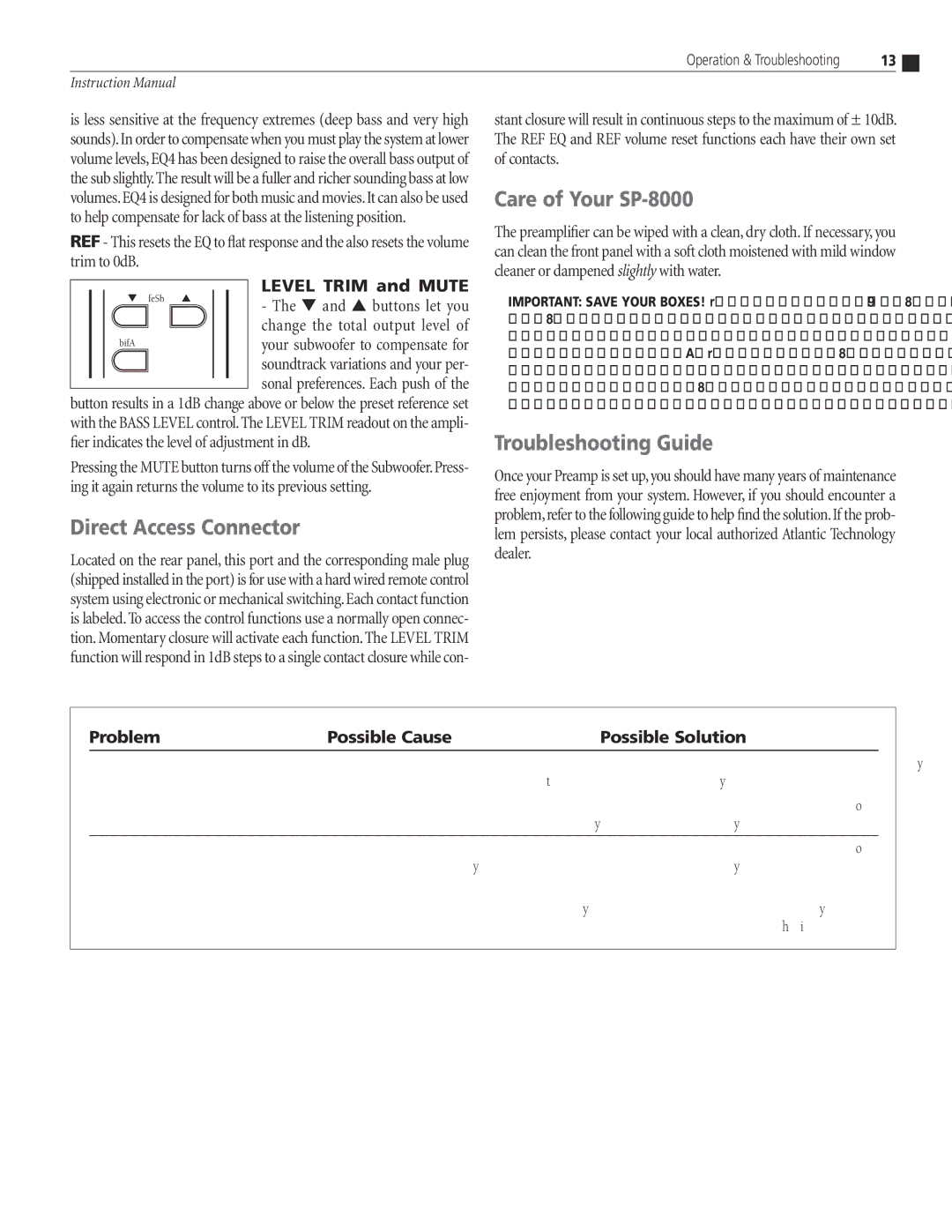 Atlantic Technology instruction manual Direct Access Connector, Care of Your SP-8000, Troubleshooting Guide 