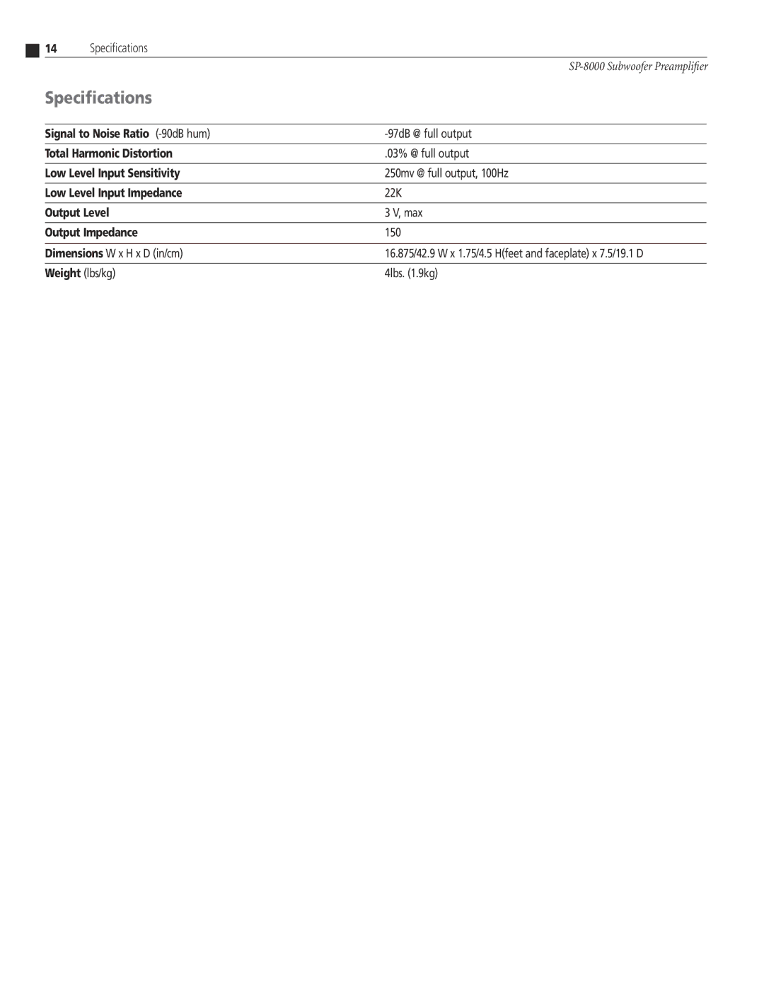 Atlantic Technology SP-8000 instruction manual Specifications 