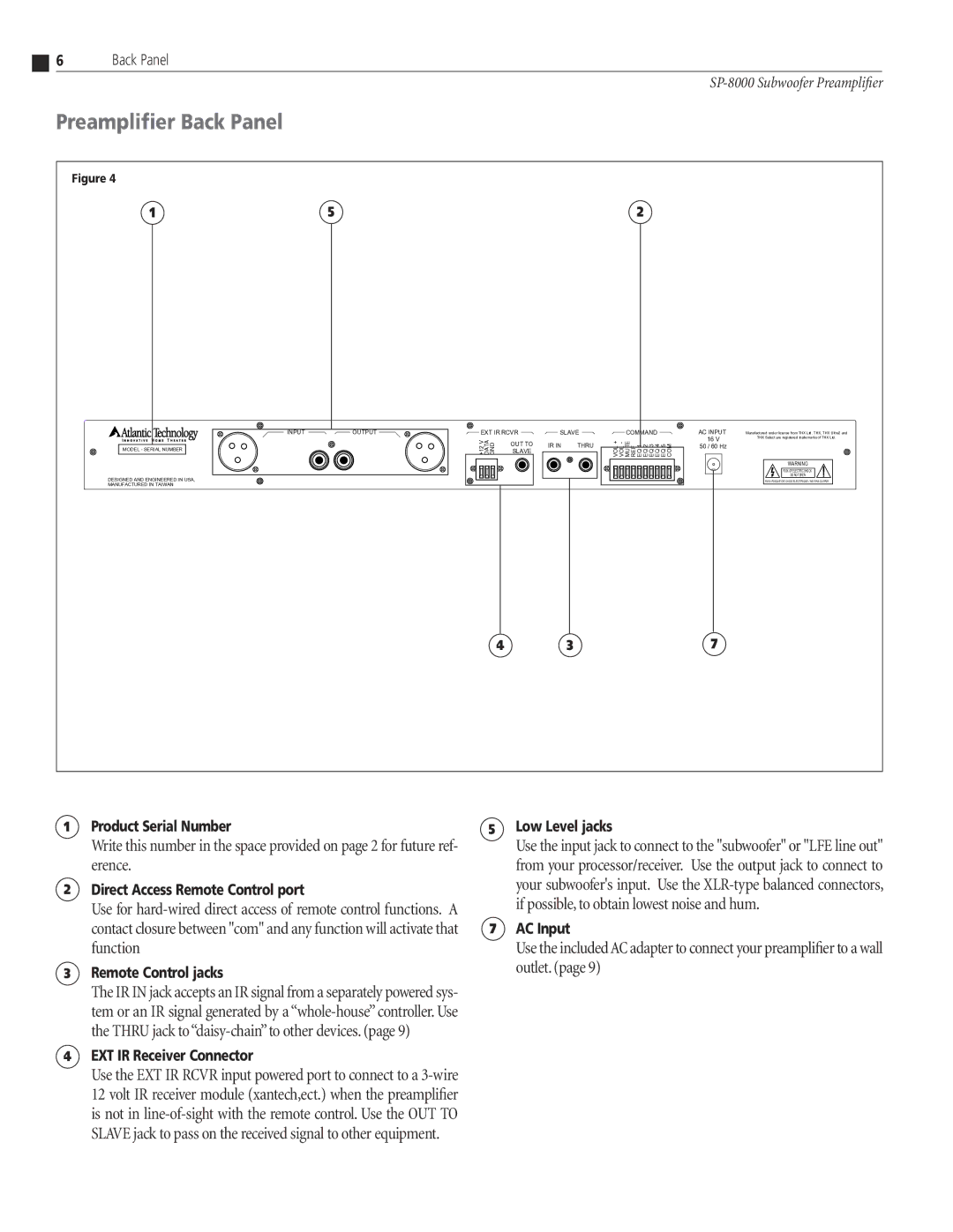 Atlantic Technology SP-8000 instruction manual Preamplifier Back Panel 