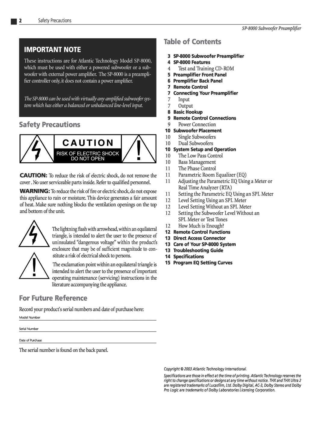 Atlantic Technology SP-8000 instruction manual Safety Precautions, Table of Contents, For Future Reference, Important Note 