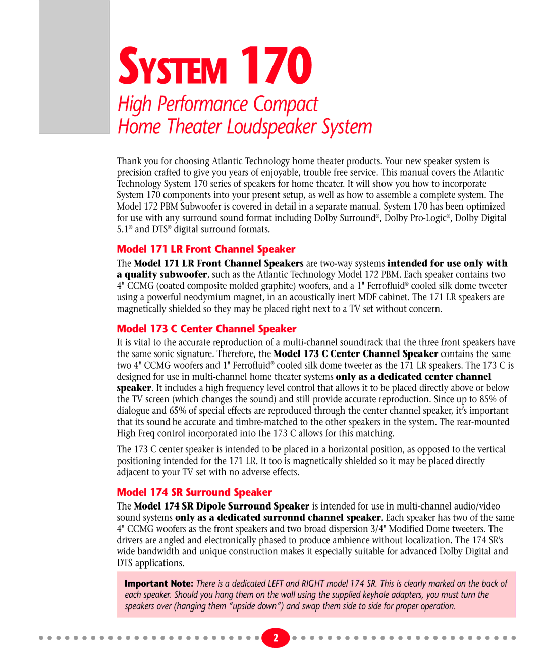 Atlantic Technology System 170 instruction manual Model 171 LR Front Channel Speaker, Model 173 C Center Channel Speaker 