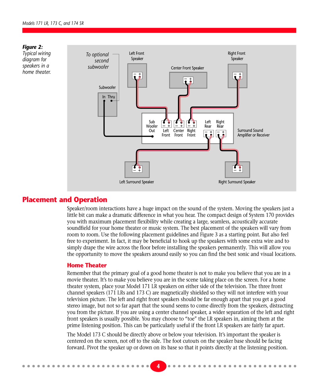 Atlantic Technology System 170 instruction manual Placement and Operation, Home Theater 