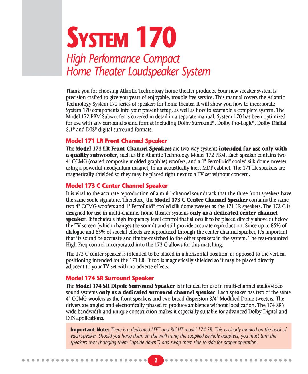 Atlantic Technology System 170 instruction manual Model 171 LR Front Channel Speaker, Model 173 C Center Channel Speaker 