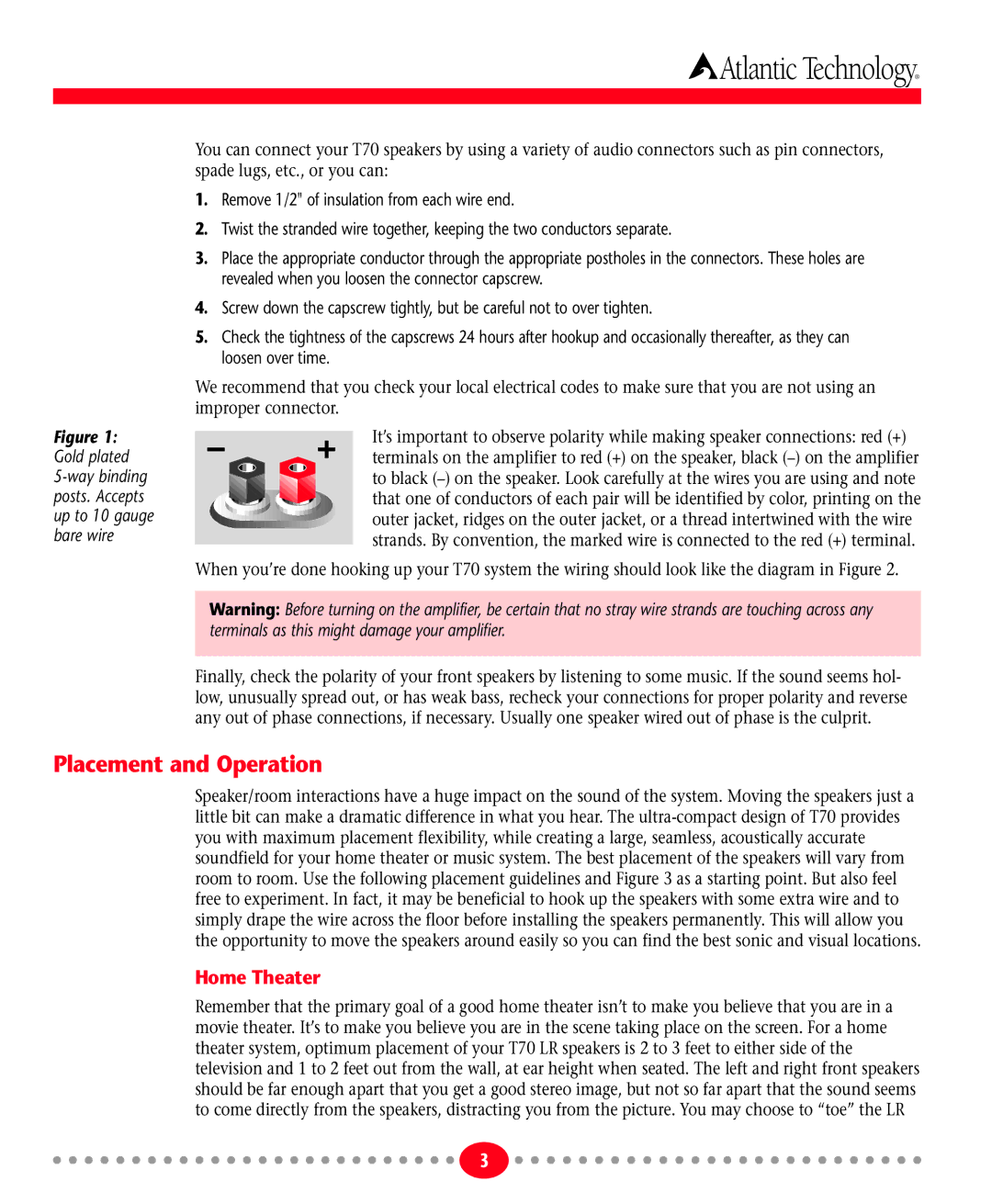 Atlantic Technology T70 instruction manual Placement and Operation, Home Theater 