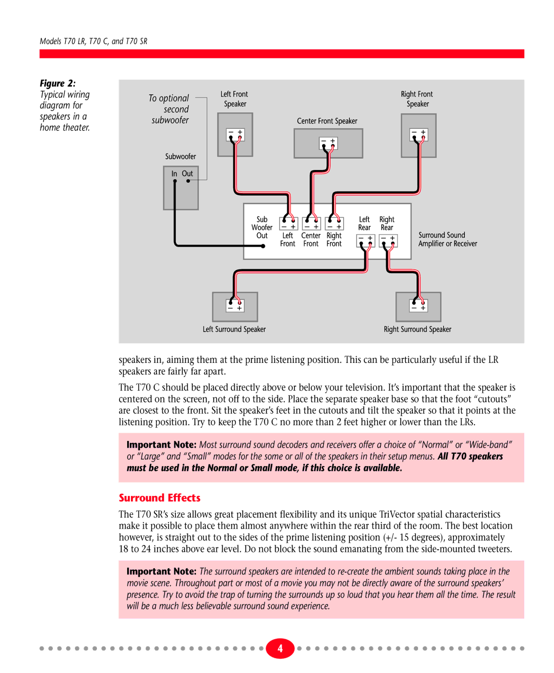 Atlantic Technology T70 instruction manual Surround Effects, Typical wiring diagram for speakers in a home theater 