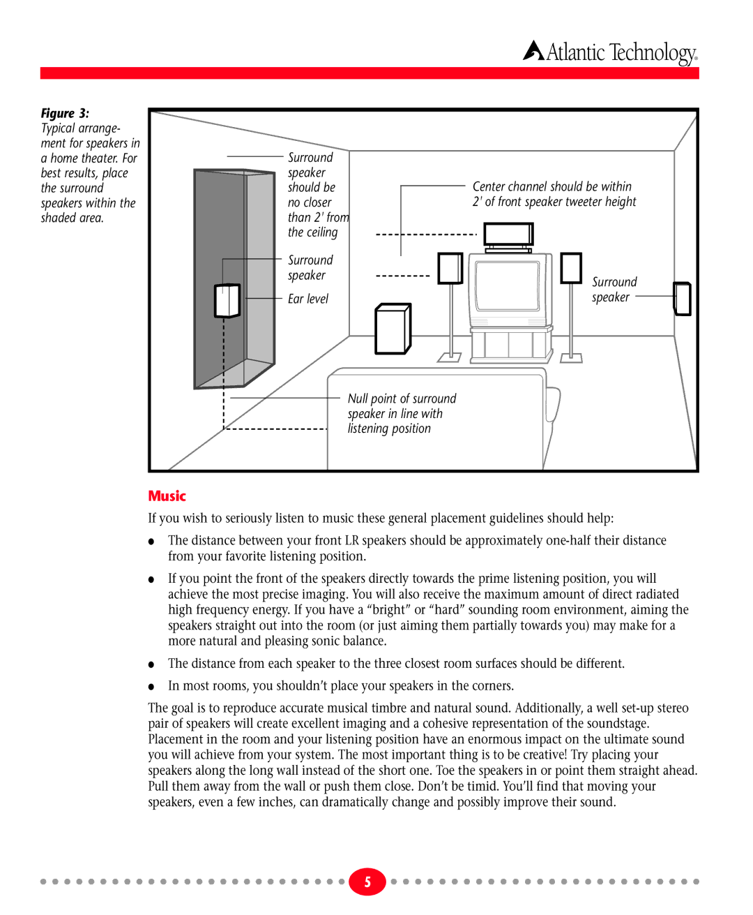 Atlantic Technology T70 instruction manual Music, Ear level 