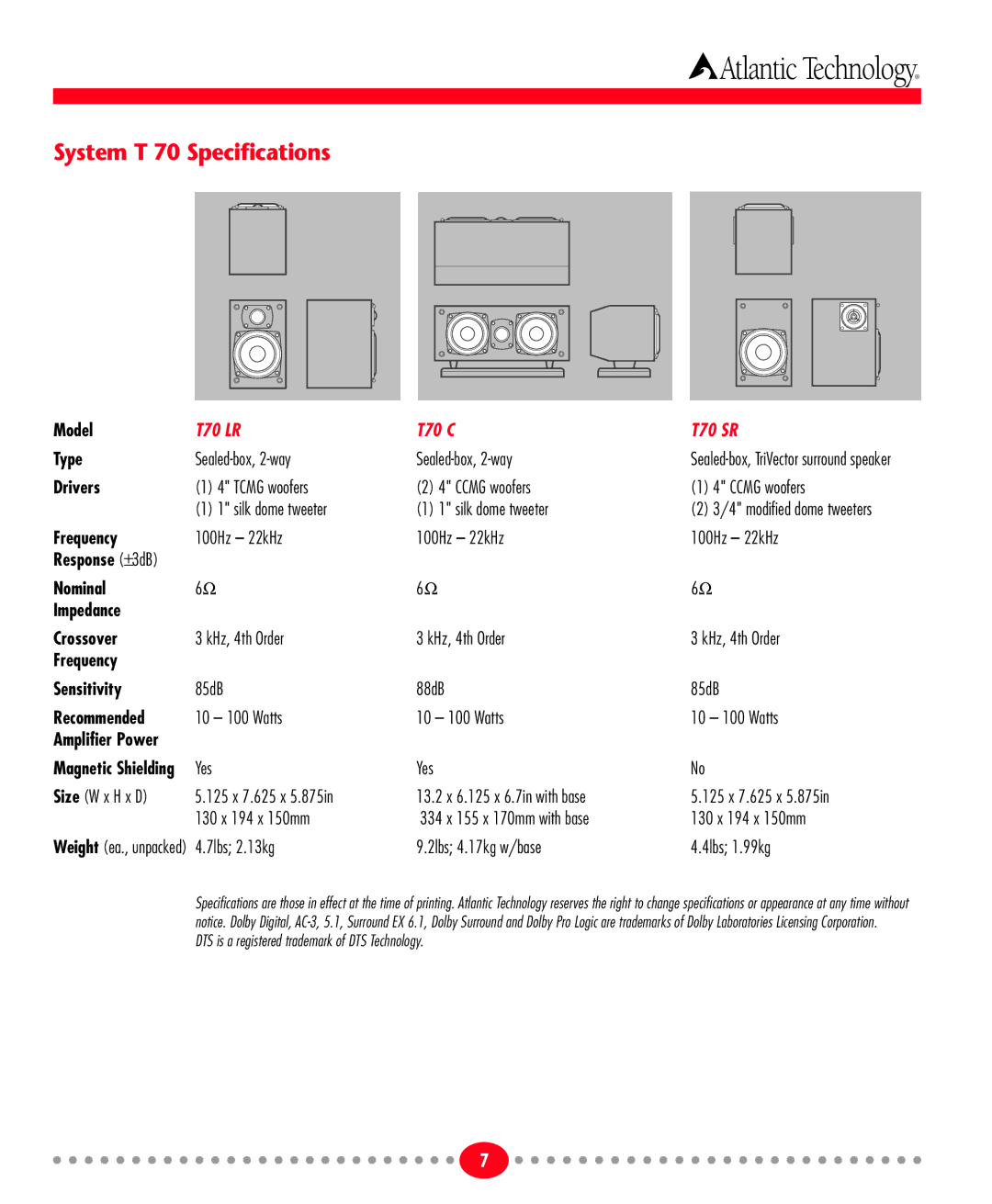 Atlantic Technology T70 instruction manual Atlantic Technology, System T 70 Specifications 