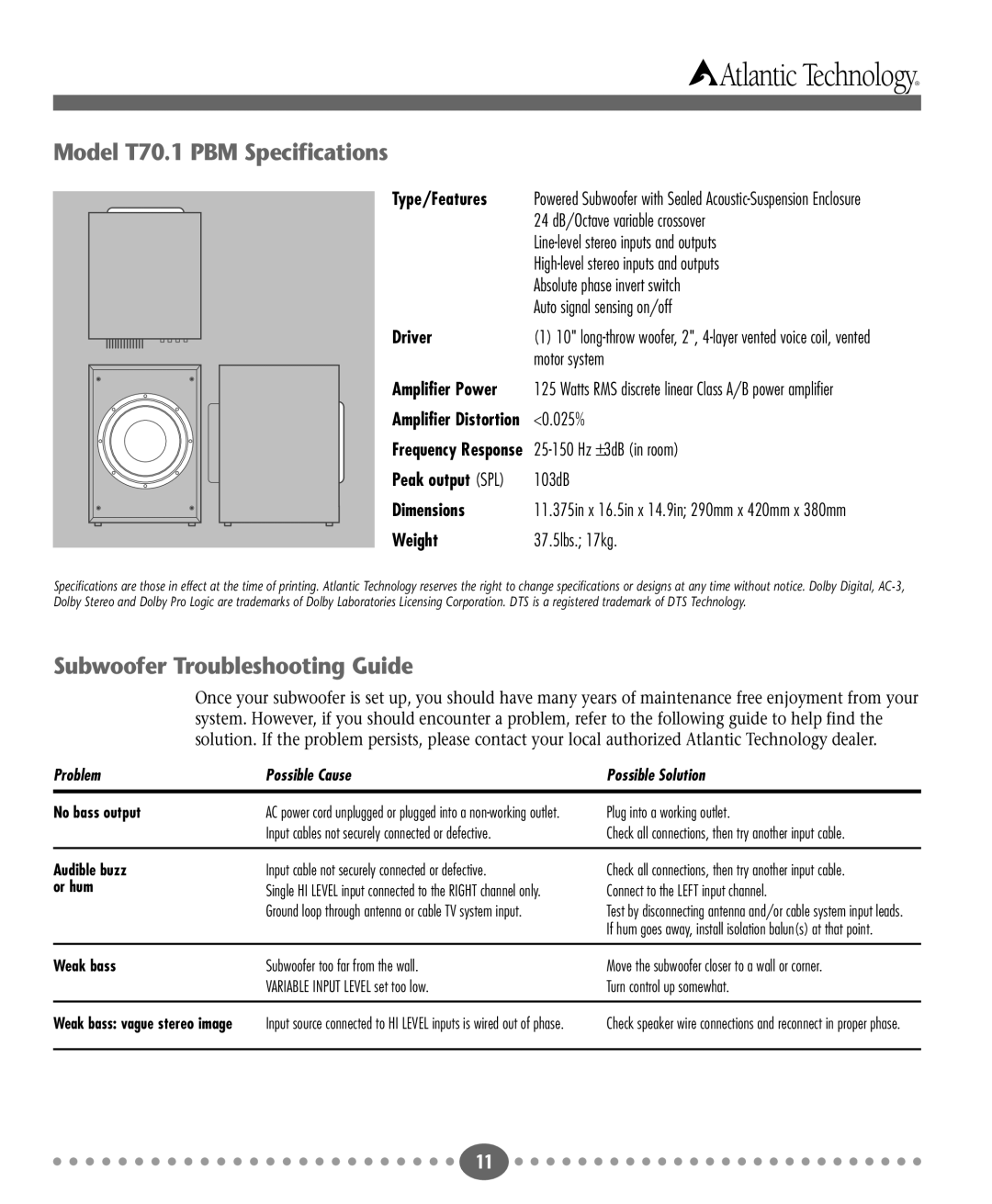 Atlantic Technology T70.1PBM instruction manual Model T70.1 PBM Specifications, Subwoofer Troubleshooting Guide 