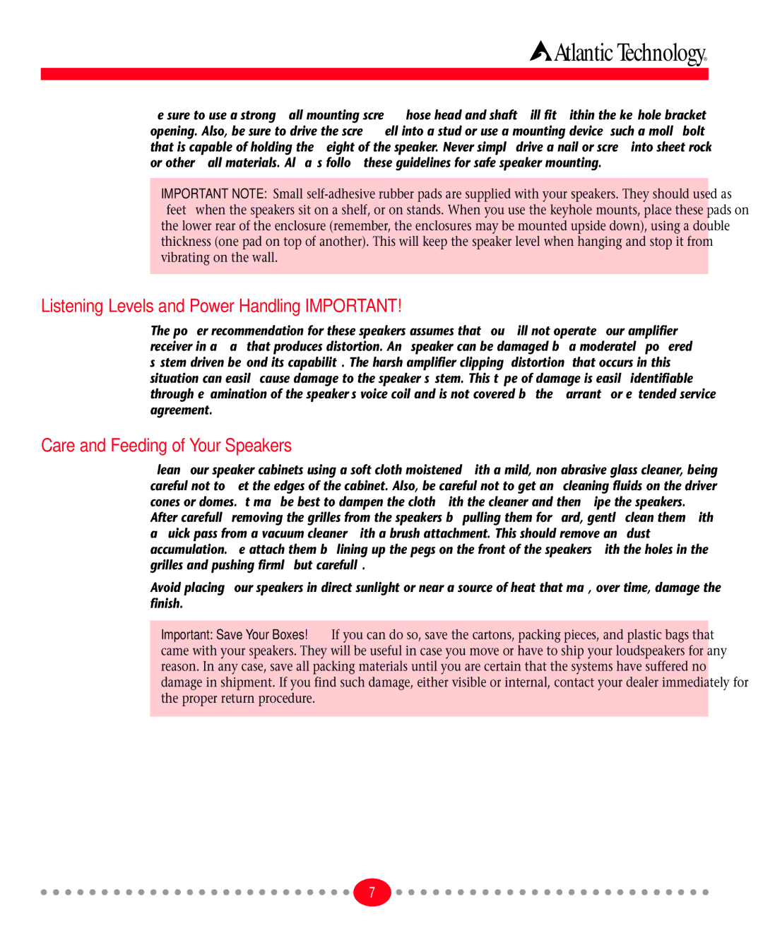 Atlantic Technology T90 LR, T90 SR, T90 C Listening Levels and Power Handling-IMPORTANT, Care and Feeding of Your Speakers 