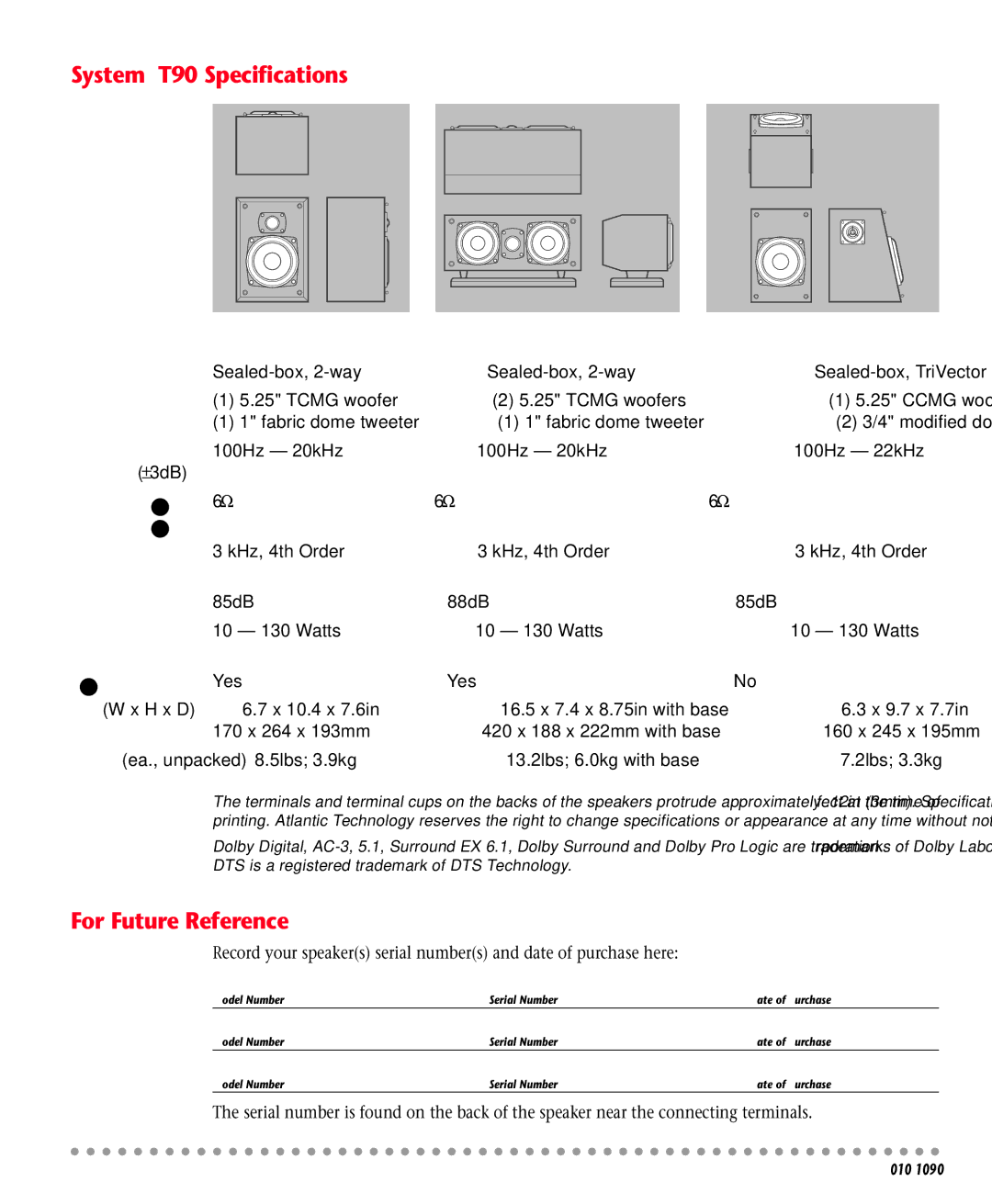 Atlantic Technology T90 C, T90 SR, T90 LR instruction manual System T90 Specifications, For Future Reference 