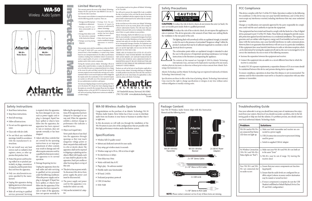 Atlantic Technology WA-50 instruction manual Limited Warranty, Safety Precautions FCC Compliance, Safety Instructions 