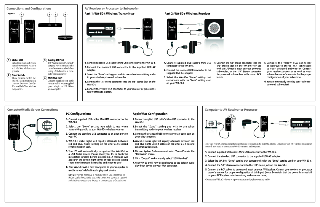 Atlantic Technology WA-50 instruction manual Connections and Configurations, Computer/Media Server Connections 