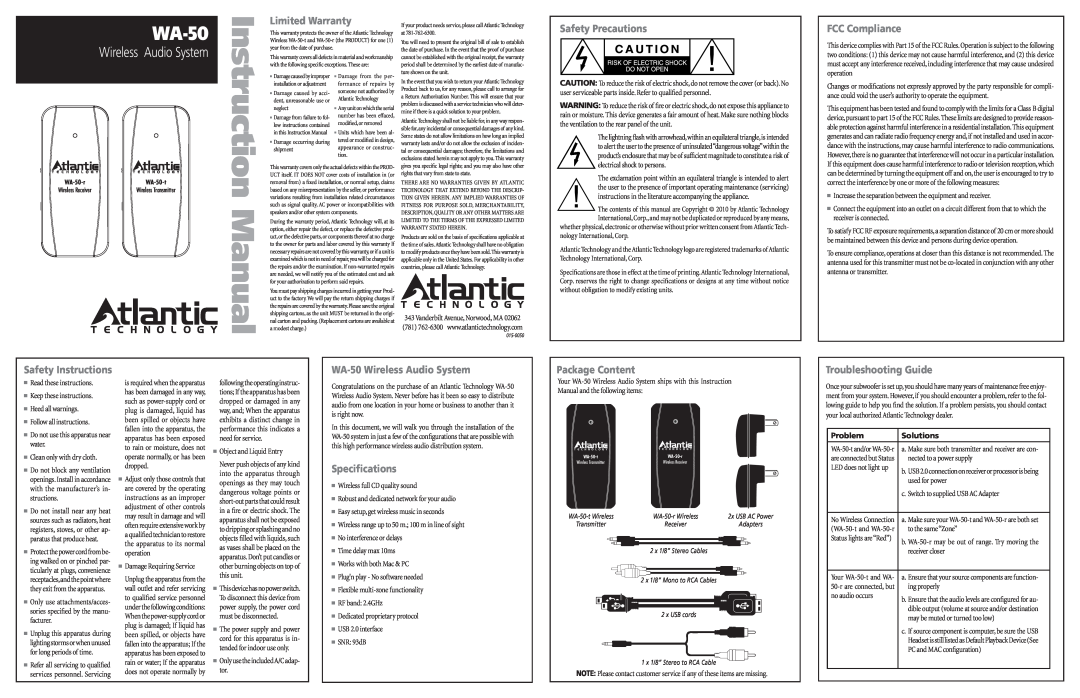 Atlantic Technology WA-50 instruction manual Limited Warranty, Safety Precautions, FCC Compliance, Safety Instructions 