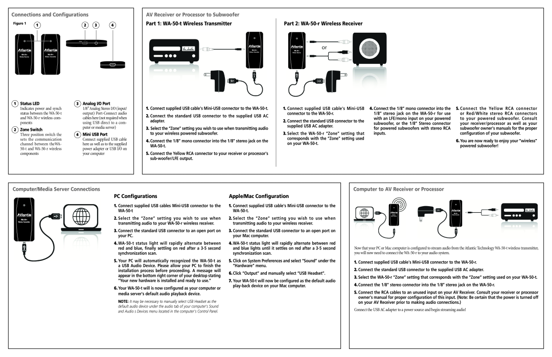 Atlantic Technology WA-50 Connections and Configurations, Computer/Media Server Connections, PC Configurations 