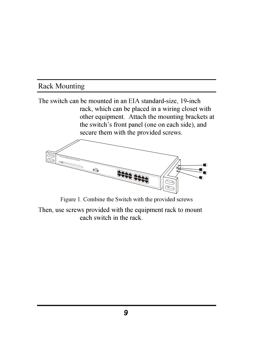 Atlantis Land 10/100Mbps manual Rack Mounting, Combine the Switch with the provided screws 