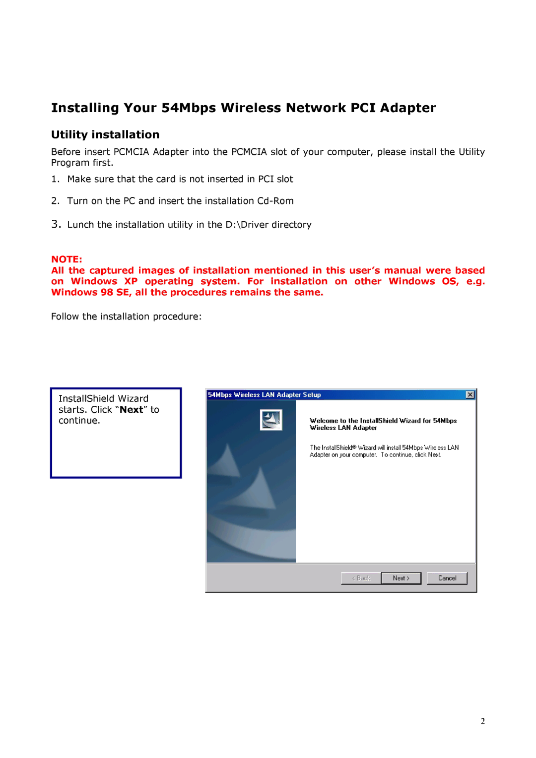 Atlantis Land 1066 A02-WP-54G GE01 quick start Installing Your 54Mbps Wireless Network PCI Adapter, Utility installation 