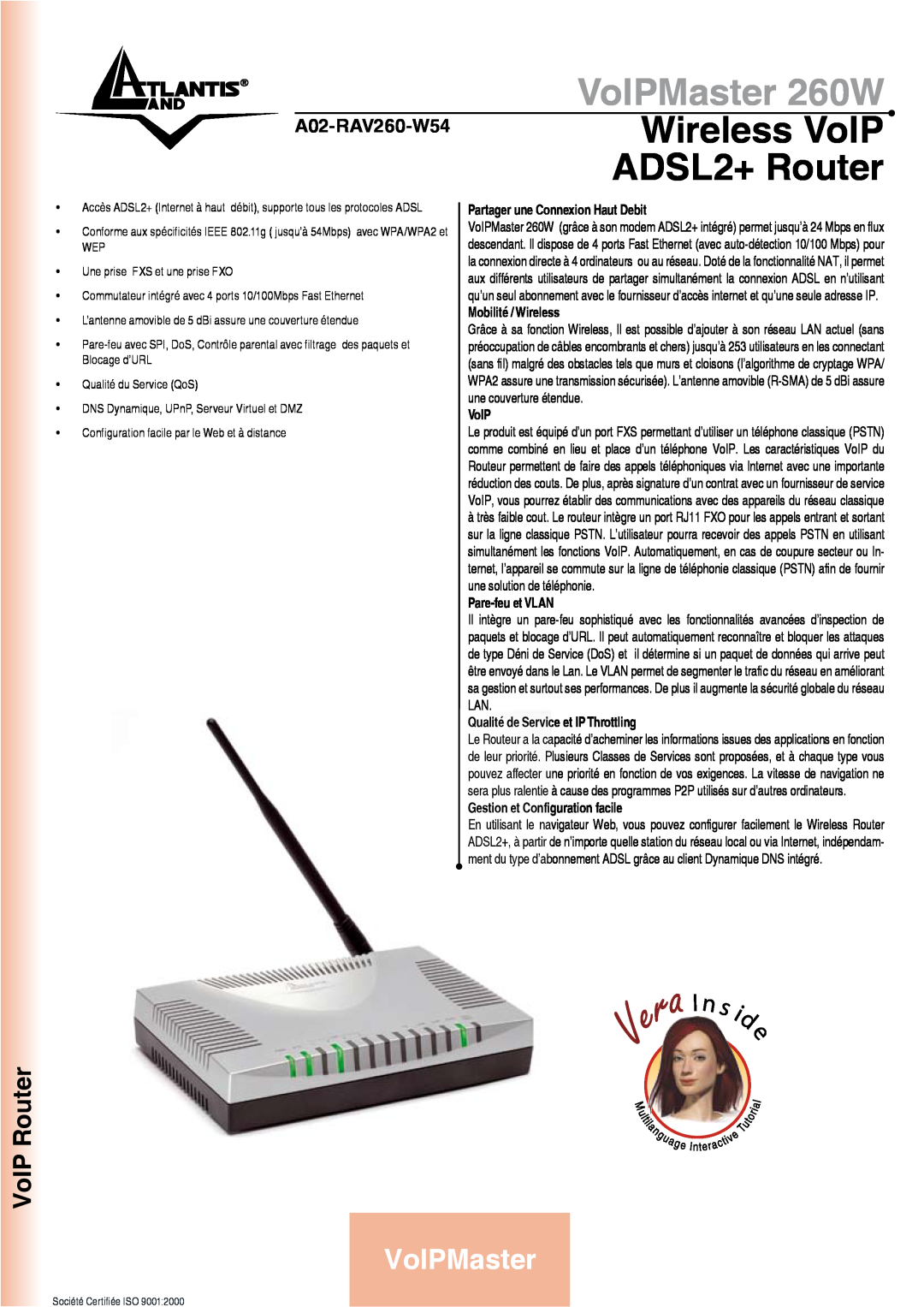 Atlantis Land manual VoIPMaster 260W, ADSL2+ Router, VoIP Router, A02-RAV260-W54Wireless VoIP, Mobilité / Wireless 