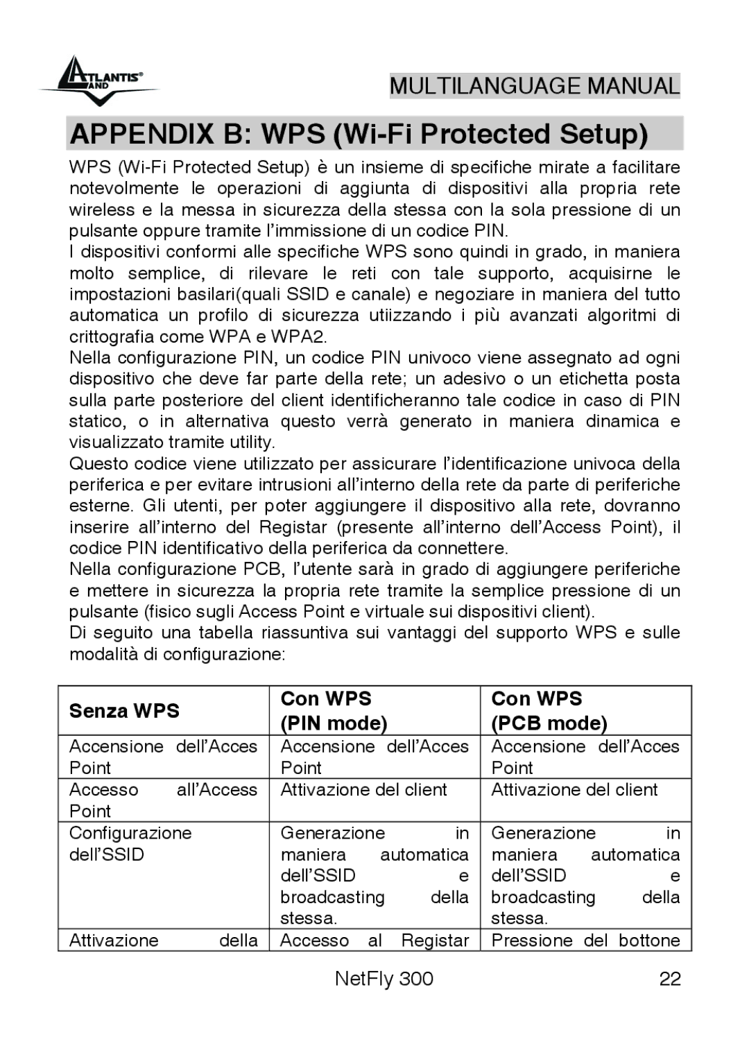 Atlantis Land 300 manual Appendix B WPS Wi-Fi Protected Setup, Senza WPS Con WPS PIN mode PCB mode 