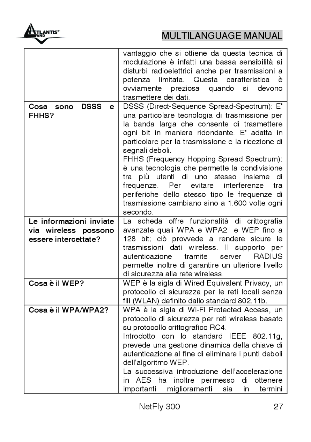 Atlantis Land 300 Cosa sono Dsss e, Le informazioni inviate, Via wireless Possono, Essere intercettate?, Cosa è il WEP? 