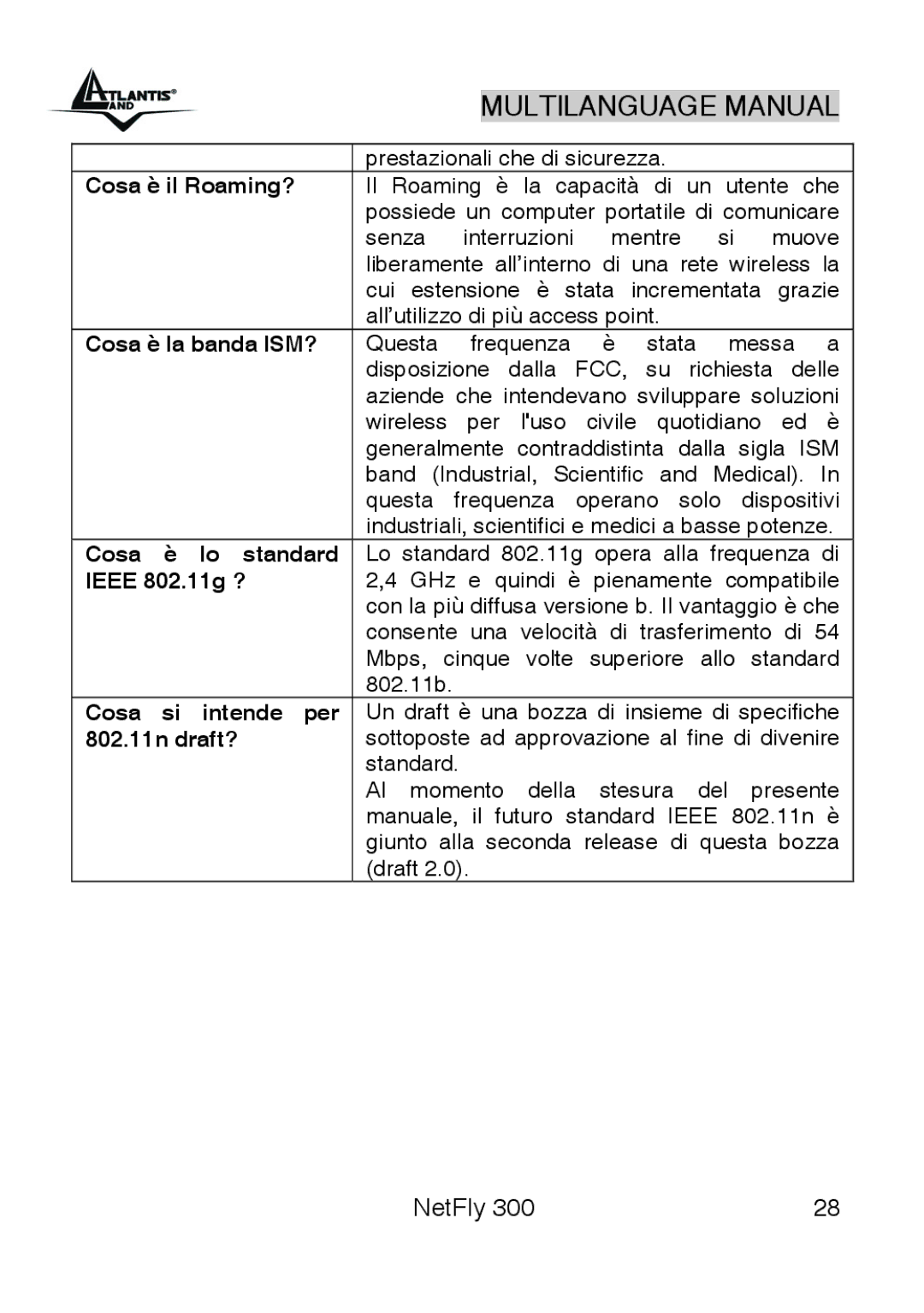 Atlantis Land 300 manual Cosa è il Roaming?, Cosa è la banda ISM?, Cosa Lo standard, Ieee 802.11g ?, Cosa Intende per 