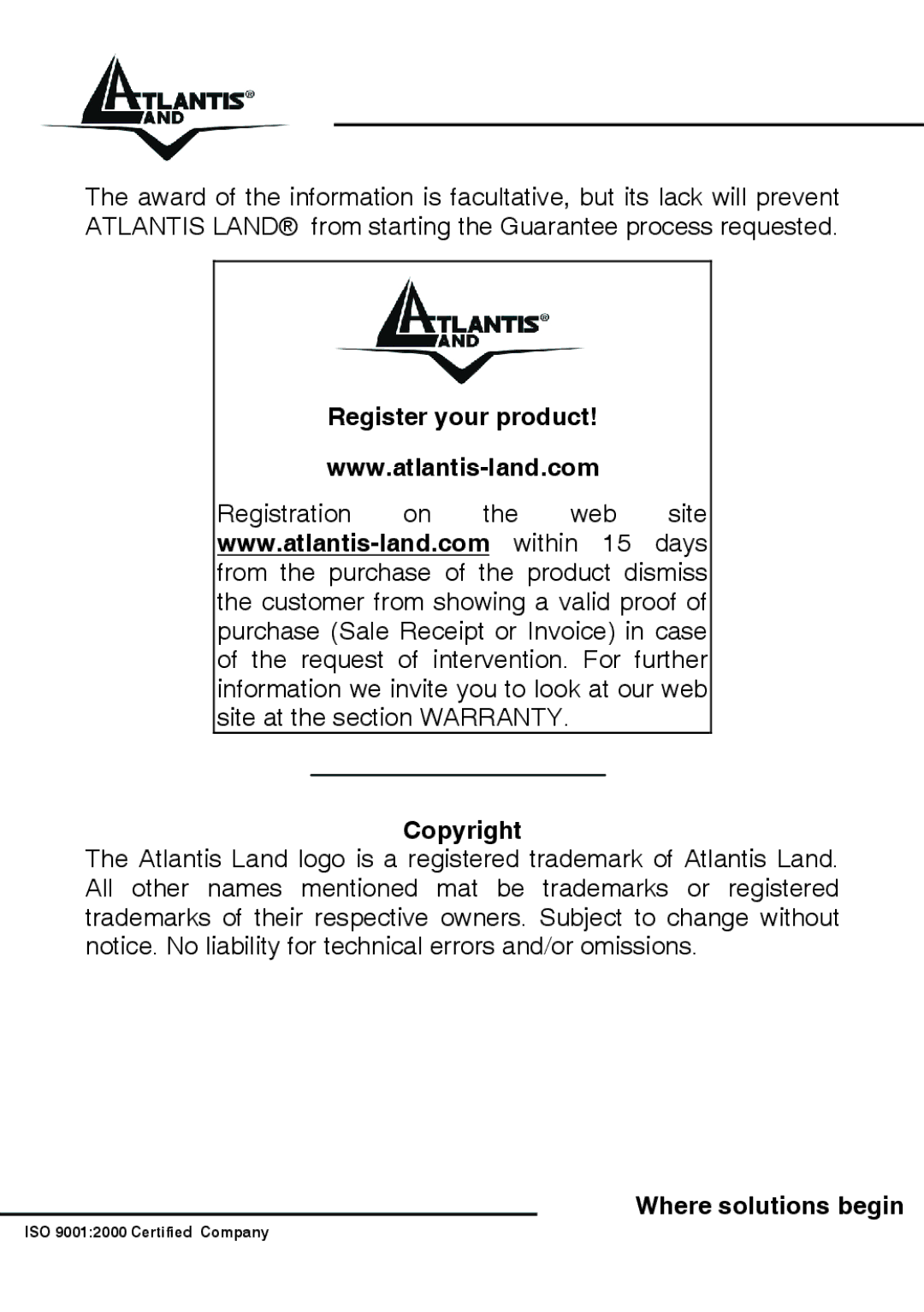 Atlantis Land 300 manual Register your product Copyright 