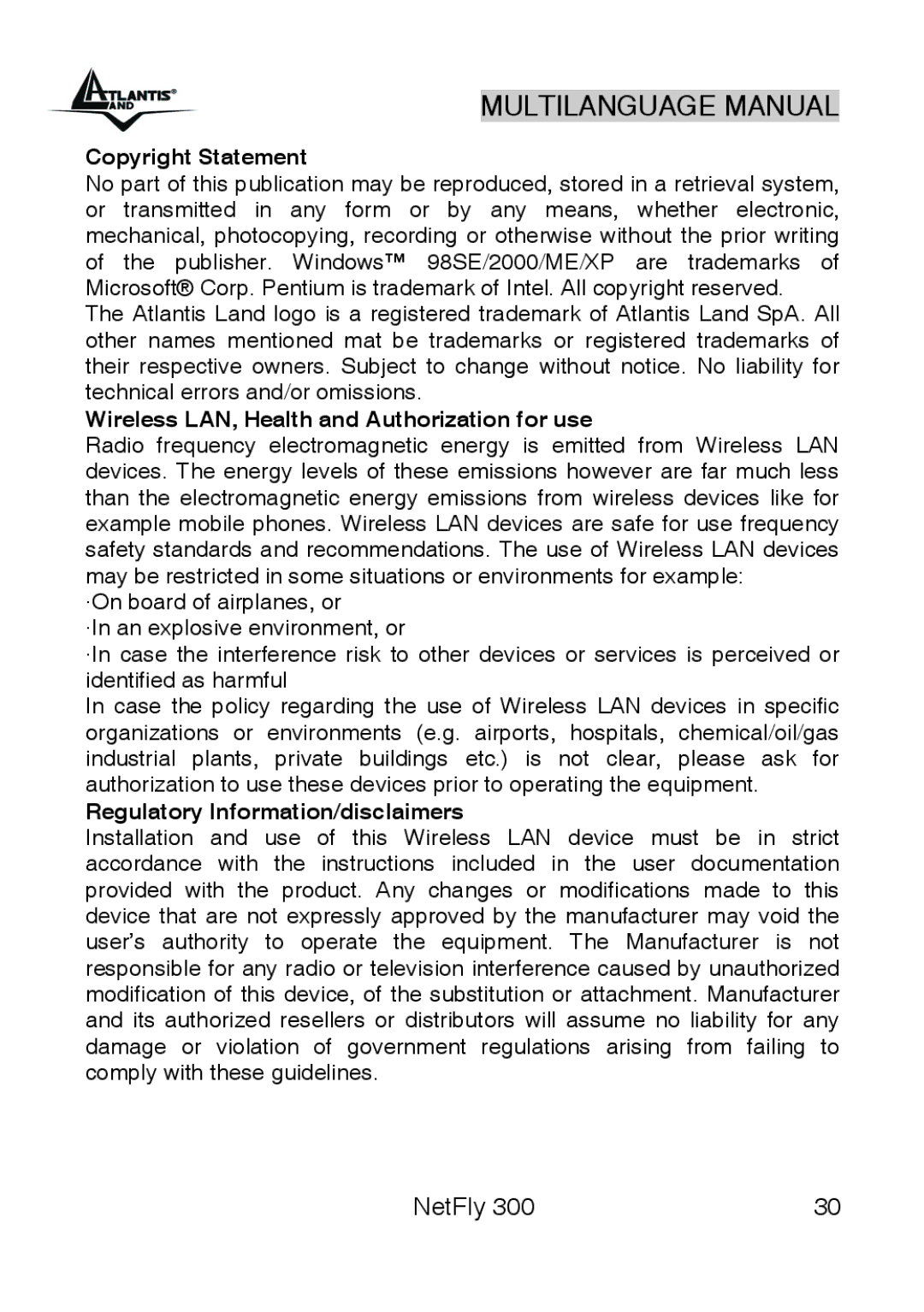 Atlantis Land 300 Copyright Statement, Wireless LAN, Health and Authorization for use, Regulatory Information/disclaimers 