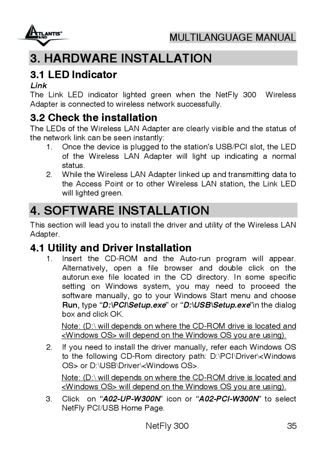 Atlantis Land 300 manual Hardware Installation, Software Installation, LED Indicator, Check the installation 