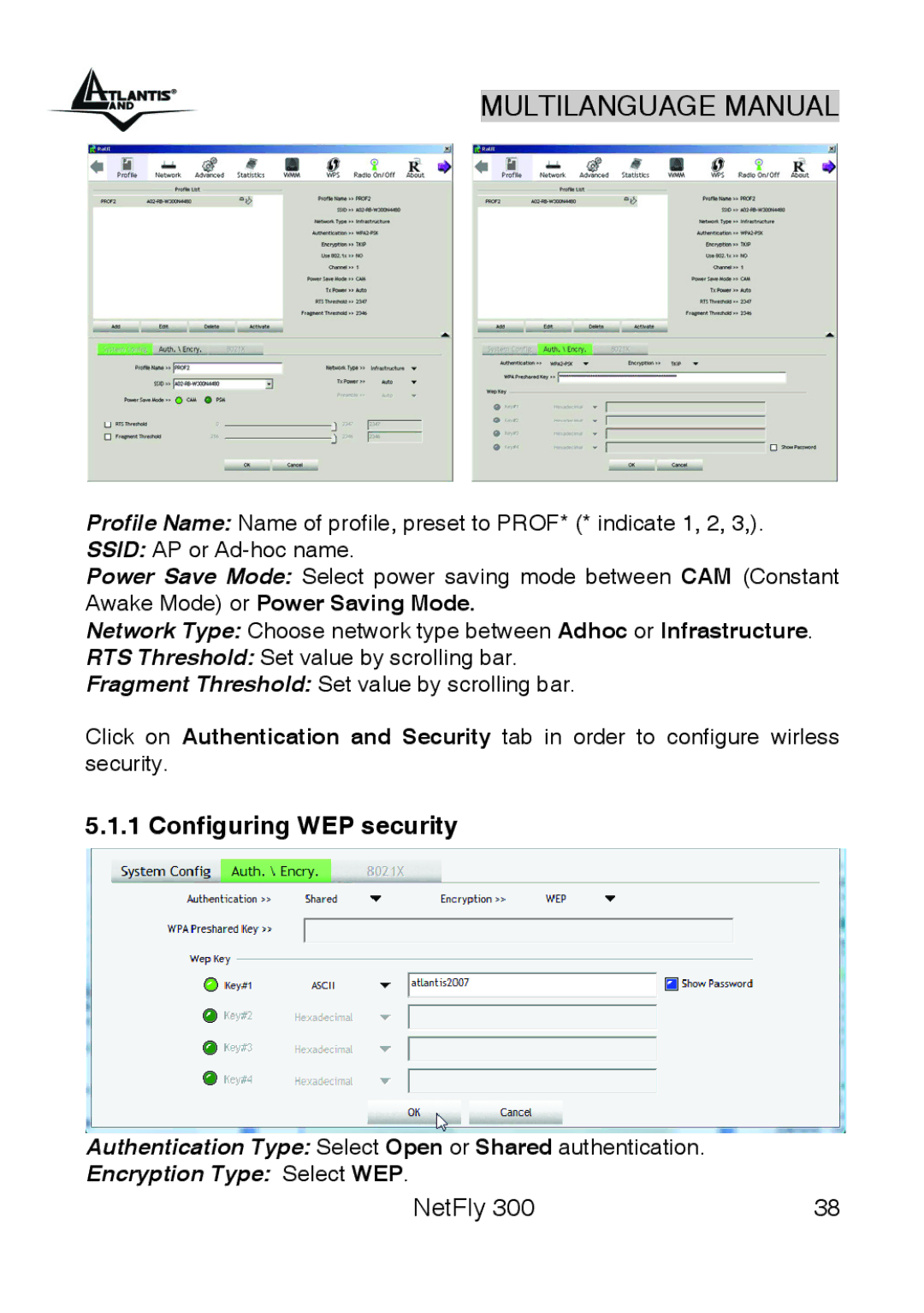 Atlantis Land 300 manual Configuring WEP security, Encryption Type Select WEP 