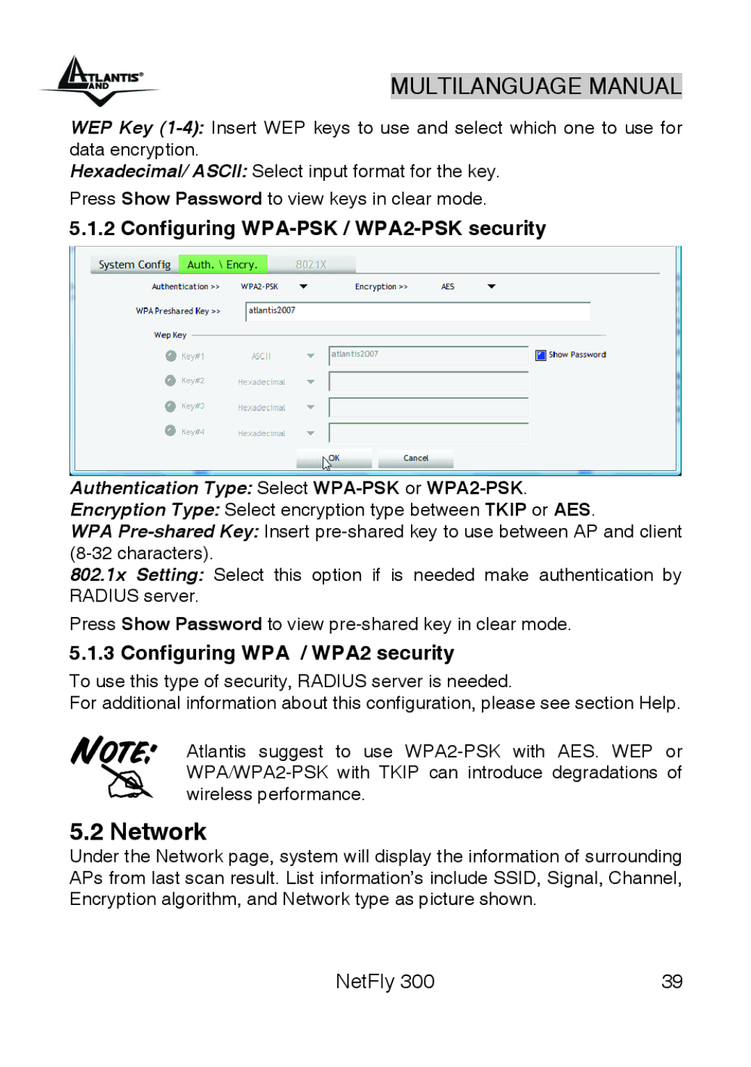 Atlantis Land 300 manual Configuring WPA-PSK / WPA2-PSK security, Configuring WPA / WPA2 security 