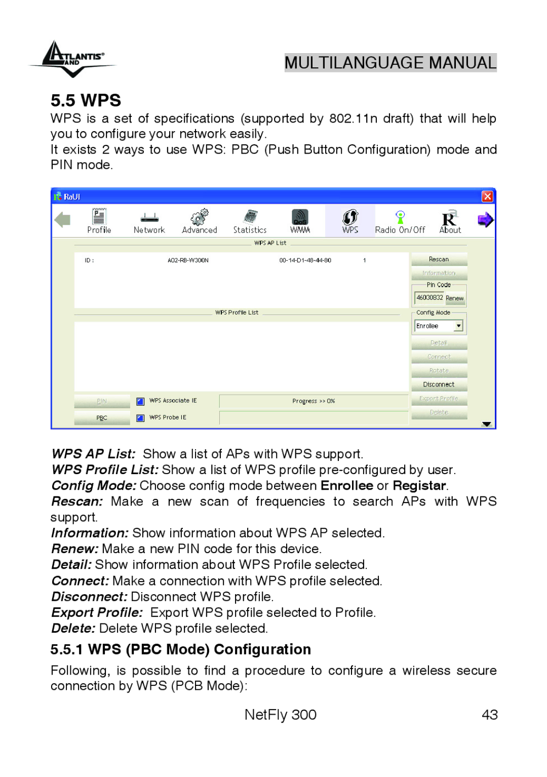 Atlantis Land 300 manual Wps, WPS PBC Mode Configuration 