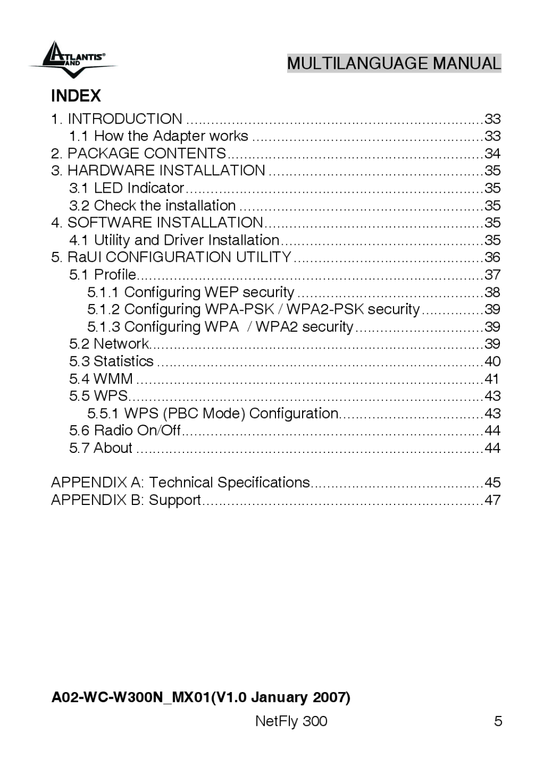 Atlantis Land manual Index, A02-WC-W300NMX01V1.0 January NetFly 