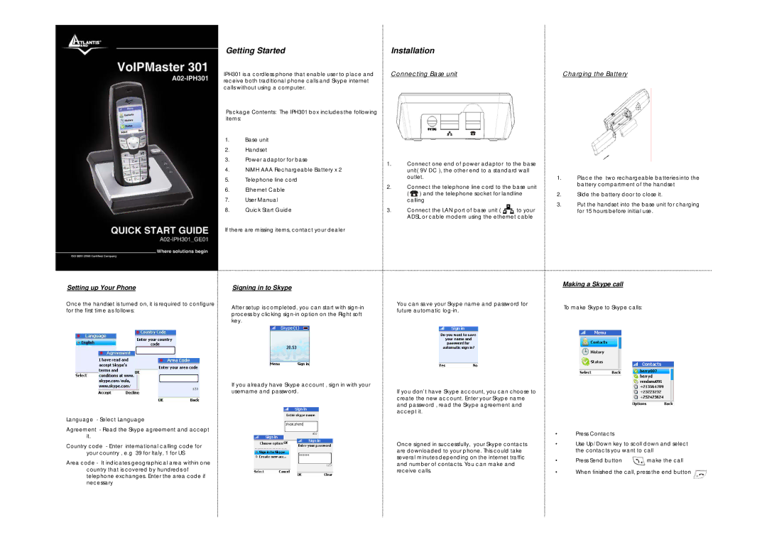 Atlantis Land 301 user manual Getting Started Installation, Setting up Your Phone, Signing in to Skype 