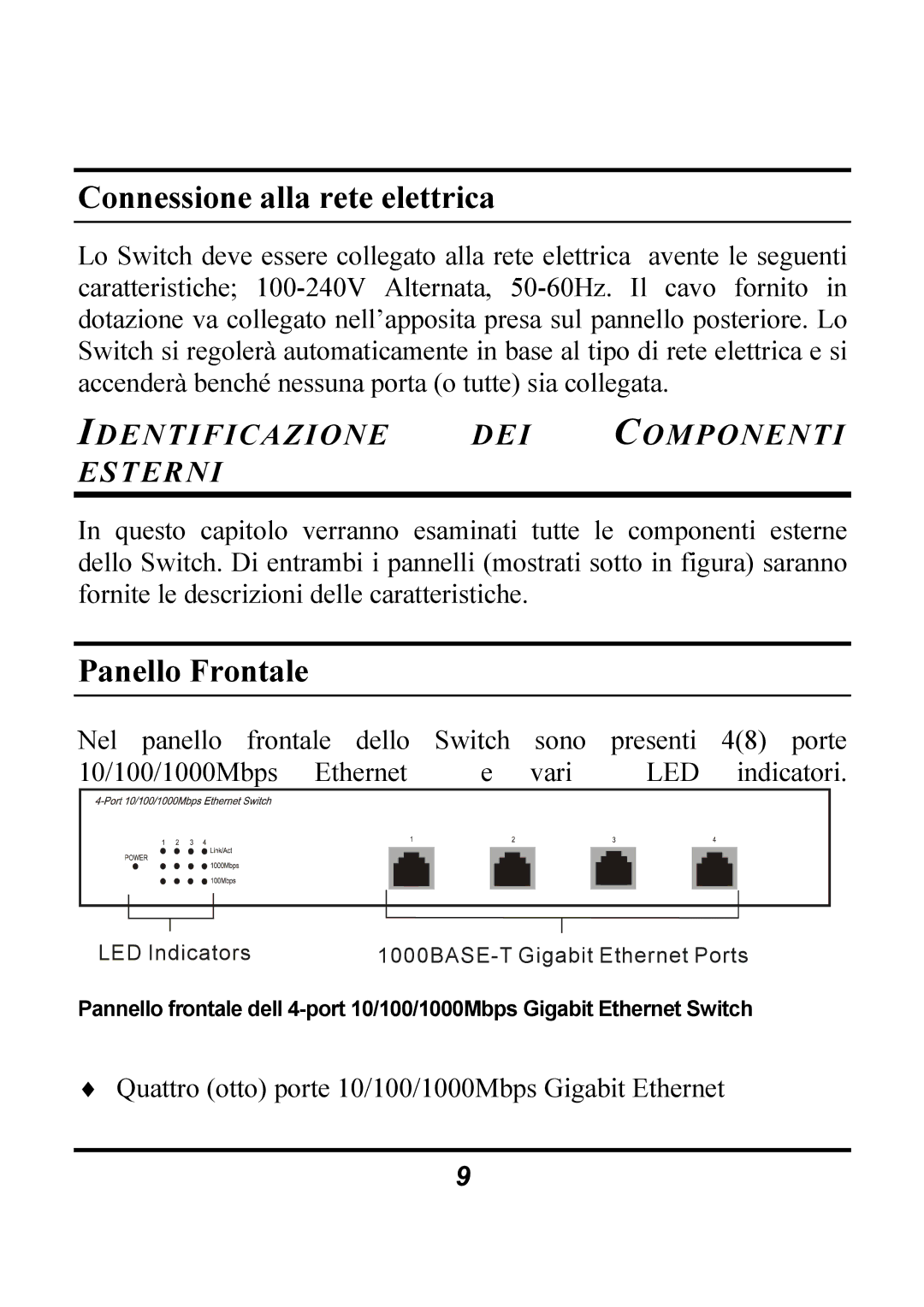 Atlantis Land 4/8 ports 10/100/1000Mbps manual Connessione alla rete elettrica, Panello Frontale 