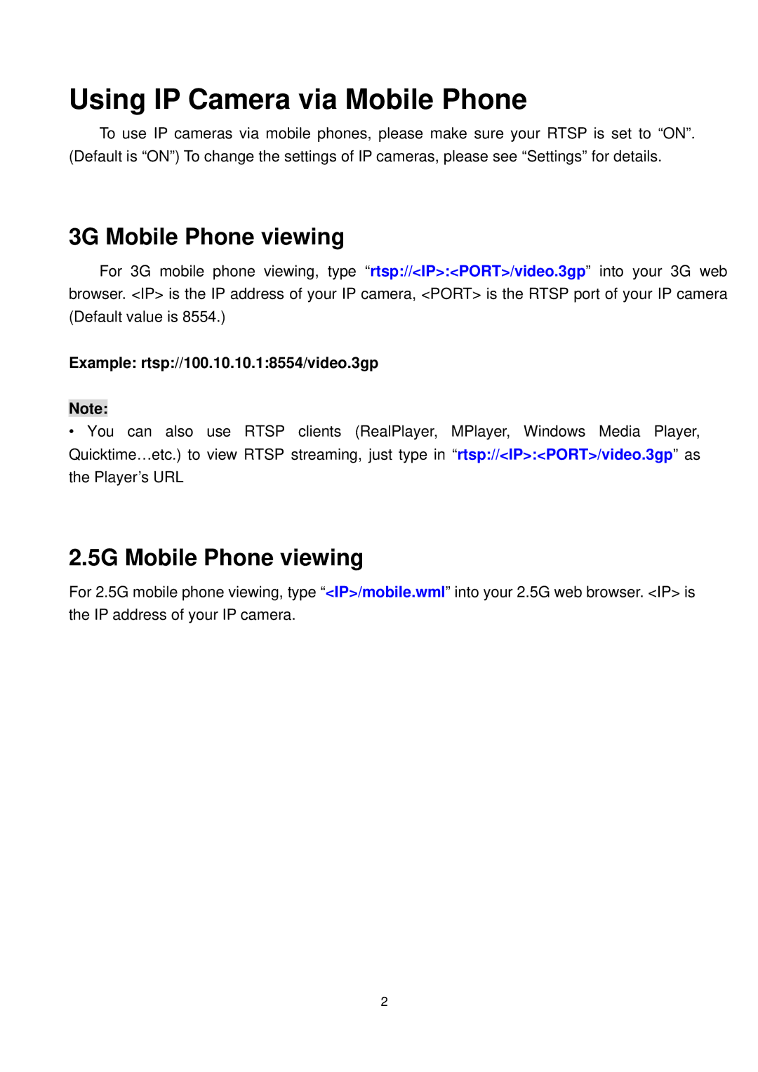 Atlantis Land 500 manual 3G Mobile Phone viewing, 5G Mobile Phone viewing, Example rtsp//100.10.10.18554/video.3gp 