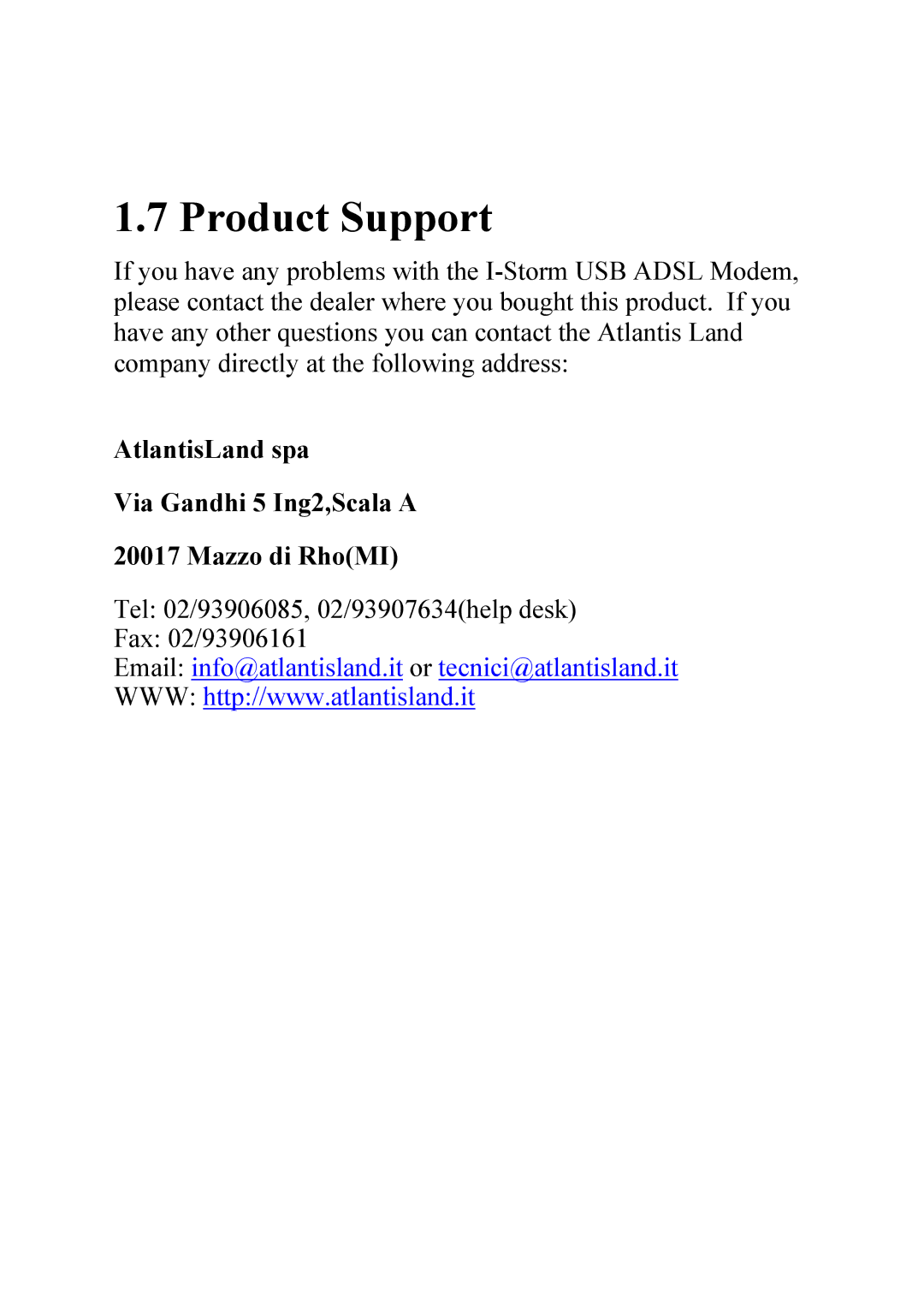 Atlantis Land 56K V.90/V.92 quick start Product Support, AtlantisLand spa Via Gandhi 5 Ing2,Scala a Mazzo di RhoMI 