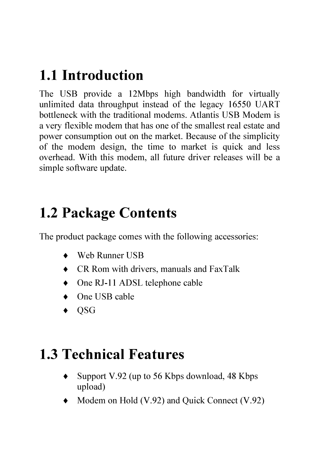 Atlantis Land 56K V.90/V.92 quick start Introduction, Package Contents, Technical Features 