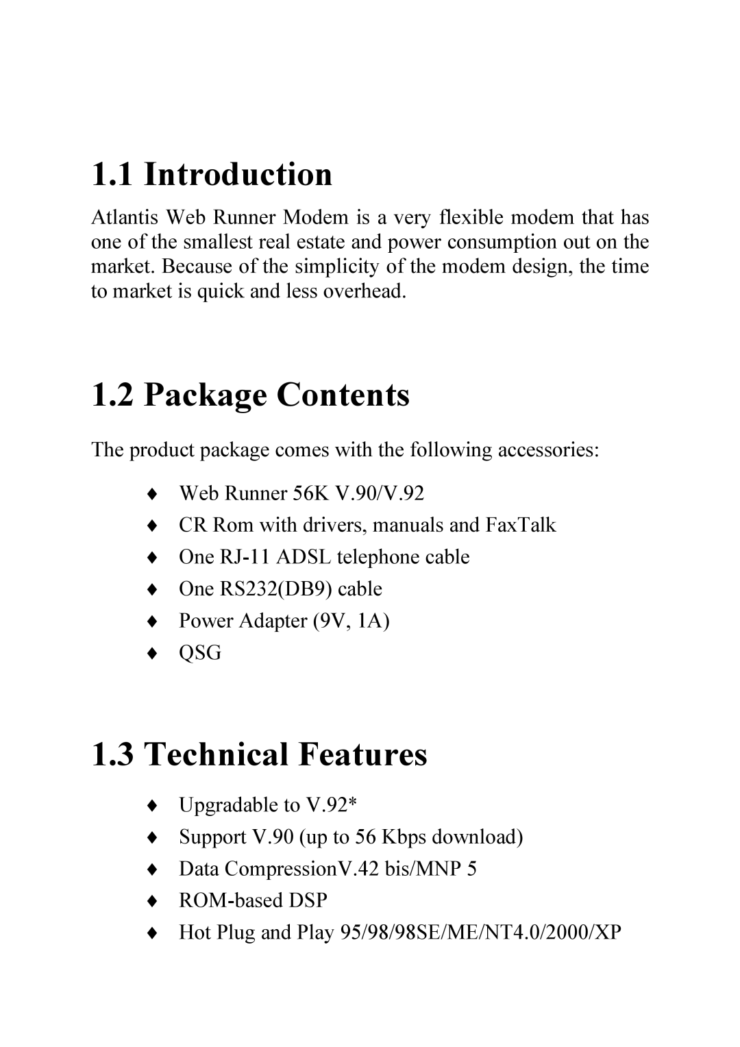 Atlantis Land 56K V.92 quick start Introduction, Package Contents, Technical Features 